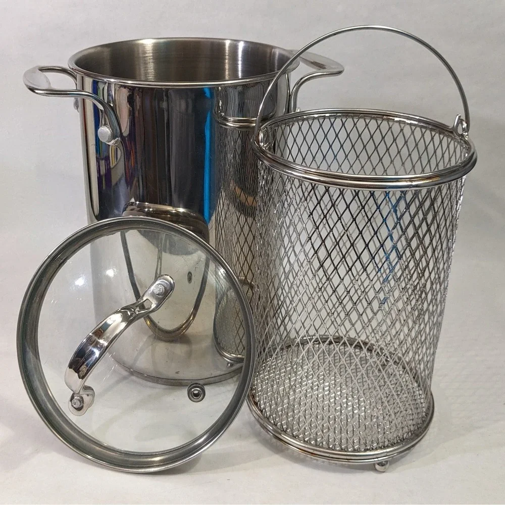 Crate & Barrel Stainless Steel Asparagus Steamer Pot with Basket and Glass Lid